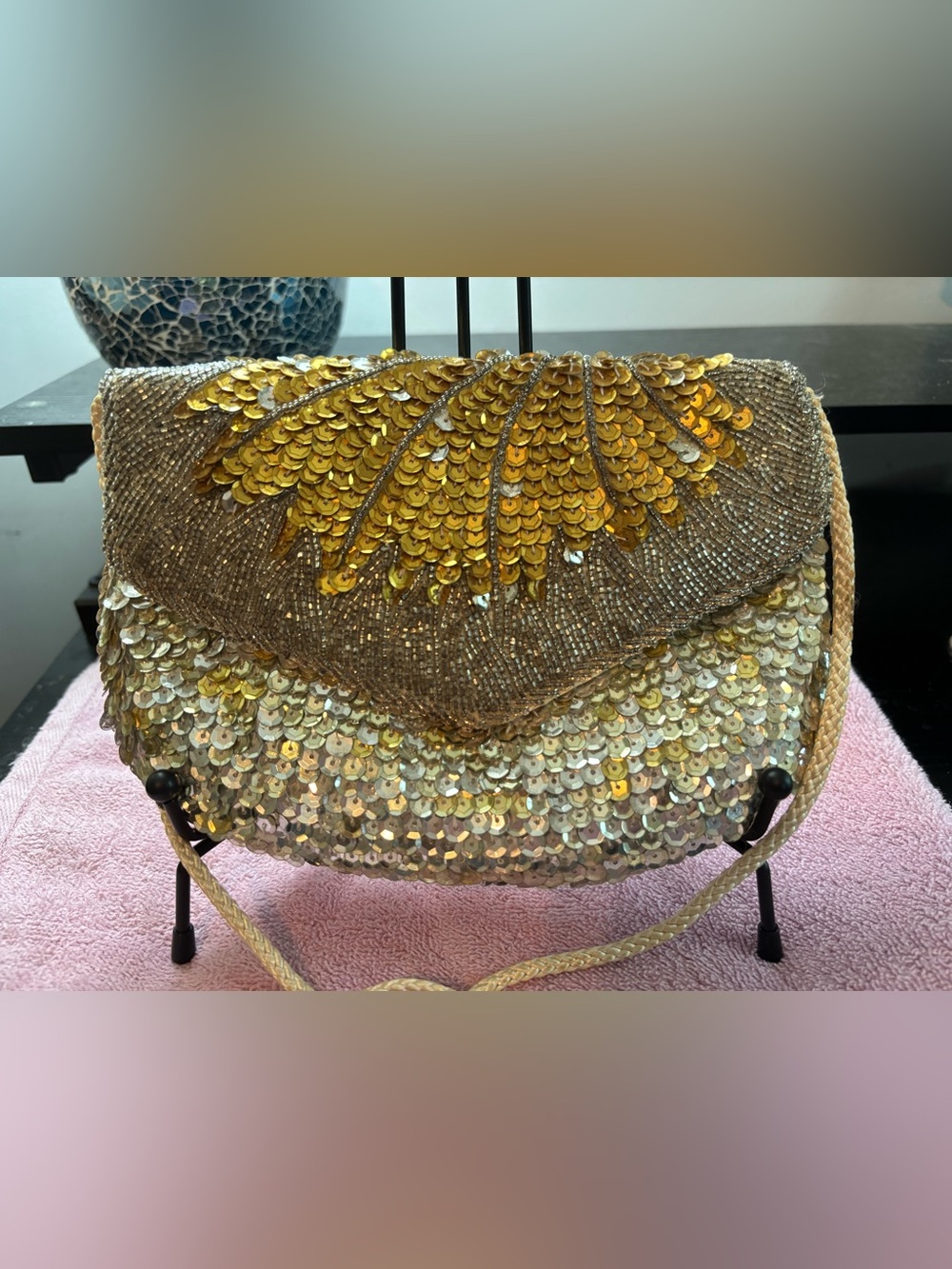 Vintage Art Deco Beaded Sequin Evening Bag Gold Silver Convertible Clutch - Picture 2 of 10